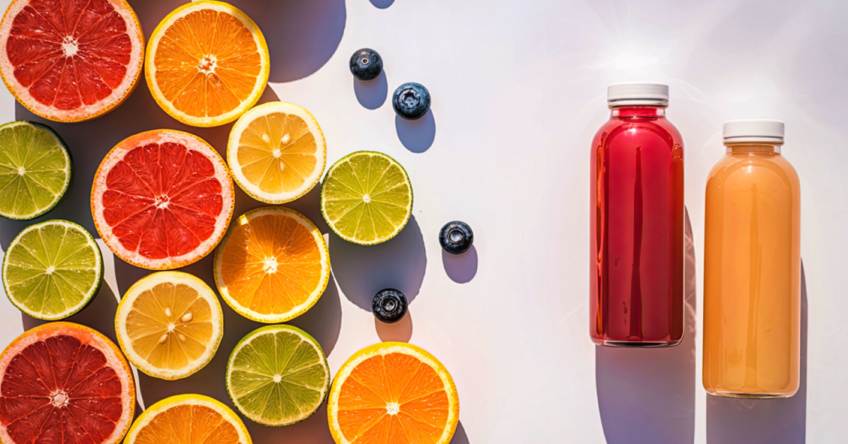 colorful citrus halves and two bottles of juice squeezed from them